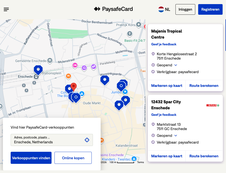 Een screenshot van de PaysafeCard store locator pagina waarop u kunt zien waar u PaysafeCard kunt kopen in Belgie.