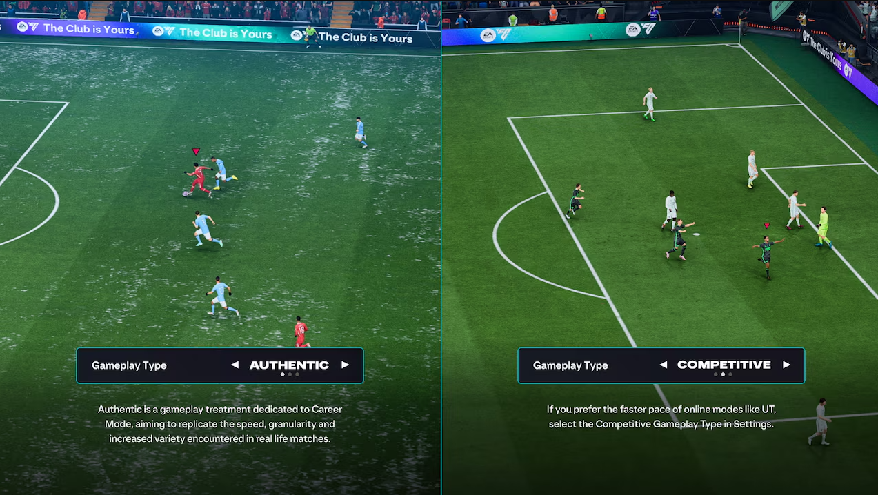 Twee screenshots waarop de authentieke en competitieve gameplay worden vergeleken.