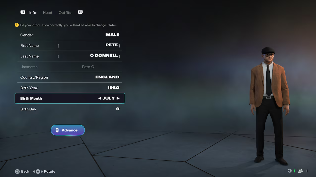 Screenshot van de personagecreator voor de carrièremodus.