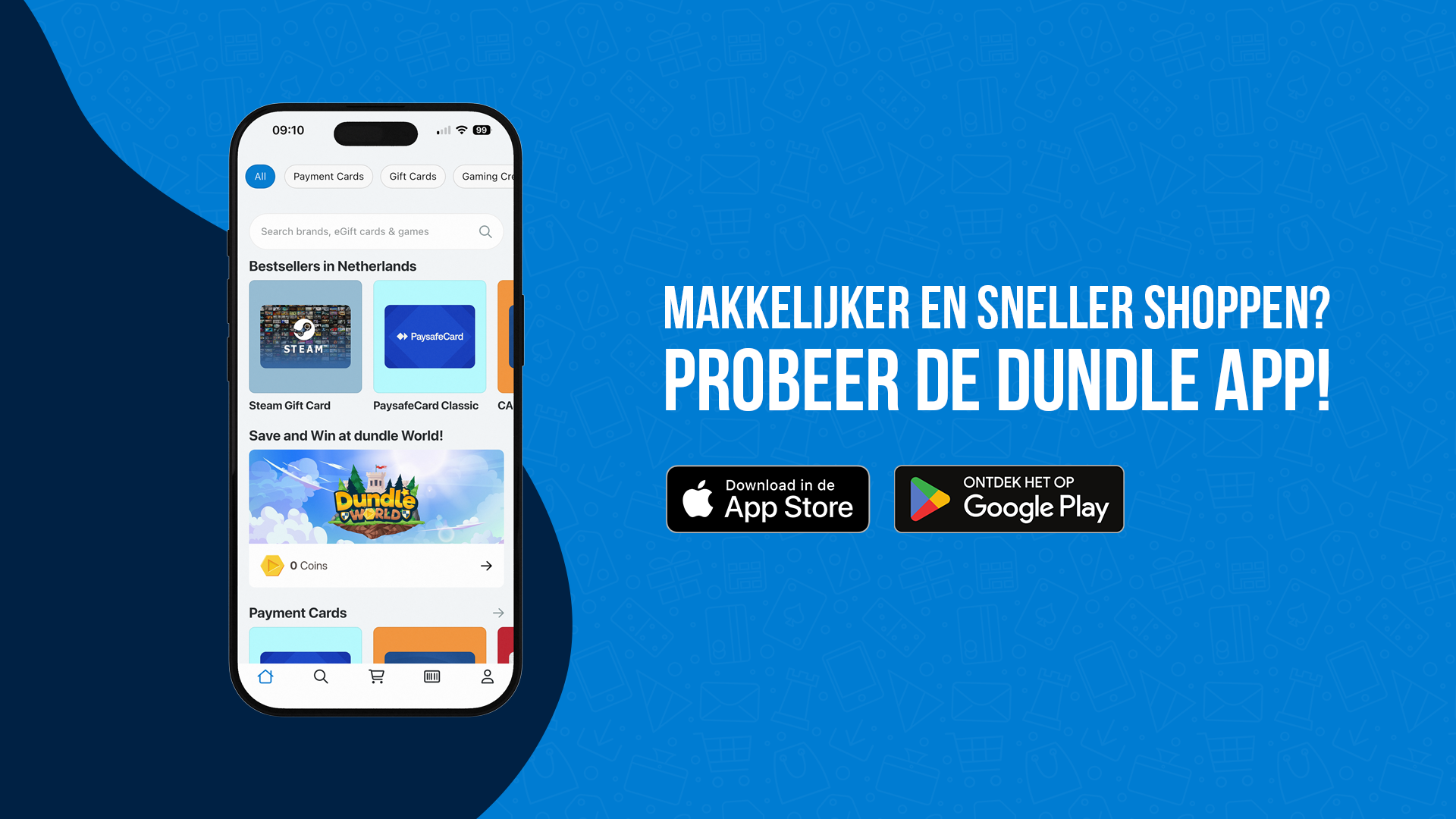 Een smartphone met de dundle-app open op de home page met tekst ernaast, een blauwe achtergrond. 