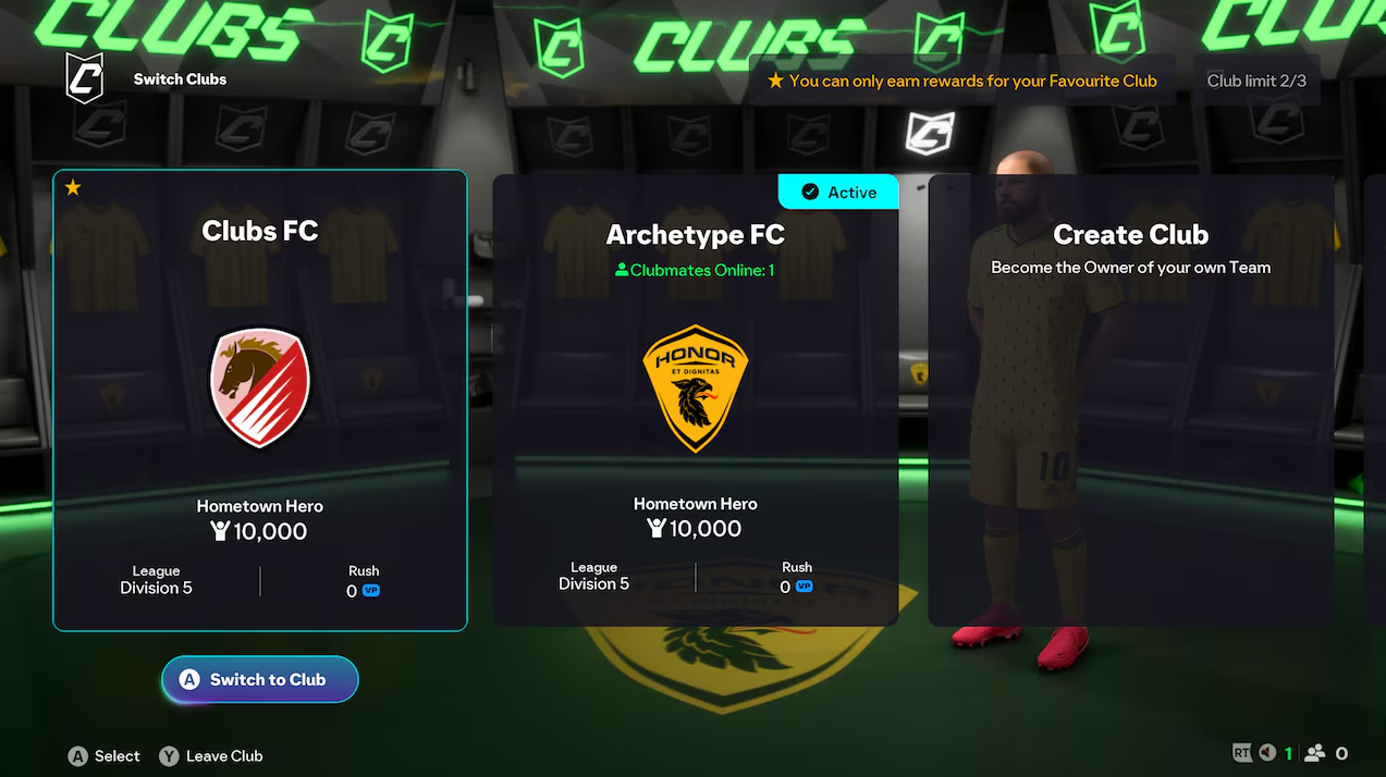 Screenshot, der zeigt, dass man nun mehrere Clubs besitzen kann.
