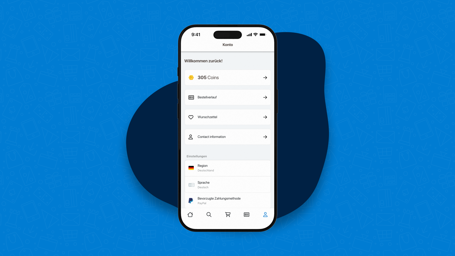 Screenshot der neuen Kontoseite in der dundle-App mit dundle Coins, Bestellhistorie, Wunschliste, Kontaktdaten, Region und Spracheinstellungen.