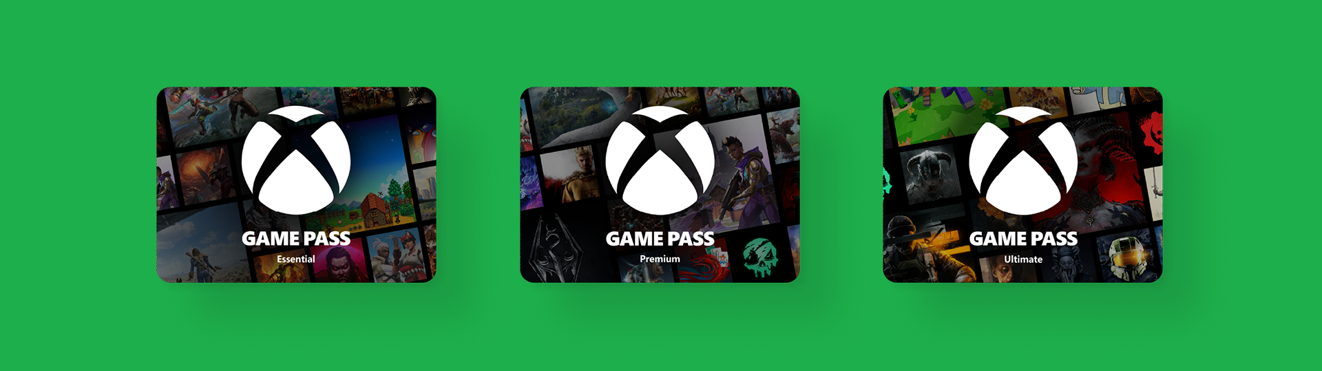 Three Xbox Game Pass cards (Essential, Premium, and Ultimate) displayed on a green background with game artwork.