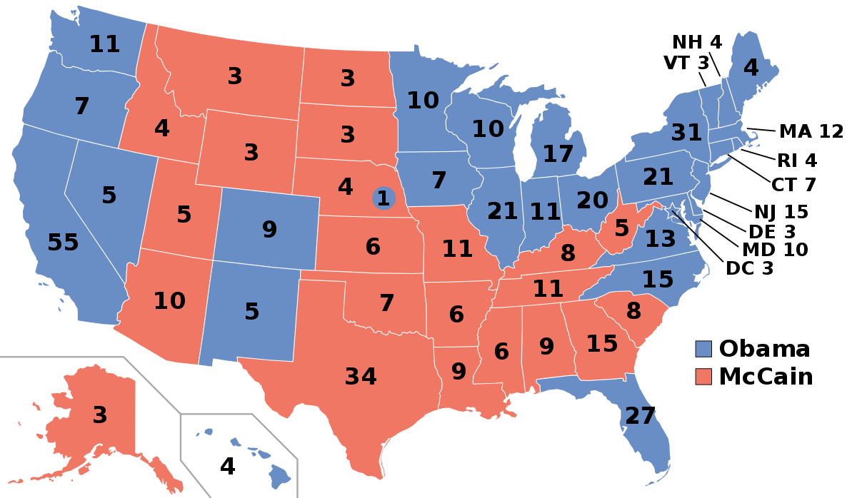 Mapa de las Elecciones presidenciales de 2008 que muestra el voto electoral ganado por Barack Obama y John McCain, StudySmarter