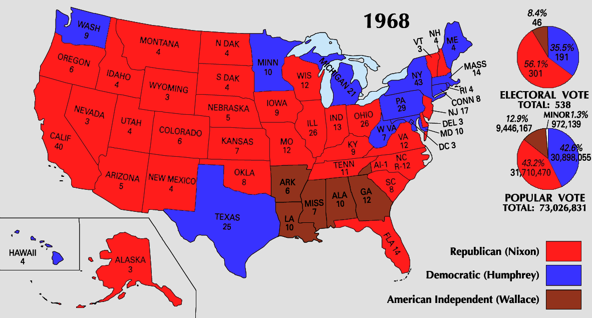 Carte des résultats de l'élection présidentielle américaine de 1968, collège électoral