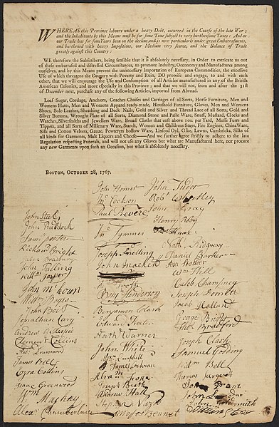 Un accord de non-importation signé par 650 marchands de Boston en boycott des lois Townshend. Source : Wikimedia Commons (domaine public)