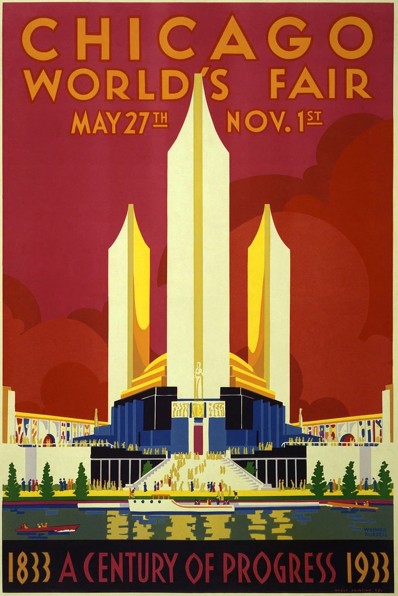 Architecture Art déco, Affiche de l'exposition universelle de Chicago, Un siècle de progrès de 1933 dans le style Art déco, StudySmarter