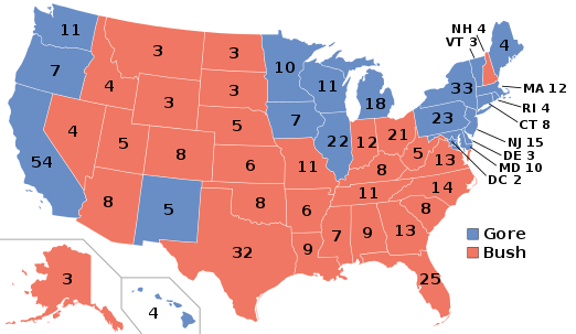 2000 élections présidentielles, carte des résultats du collège électoral de l'élection de 2000, StudySmarter