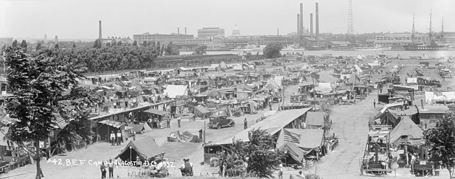 A black and white photograph of the Bonus Army camp in Acostia StudySmarter