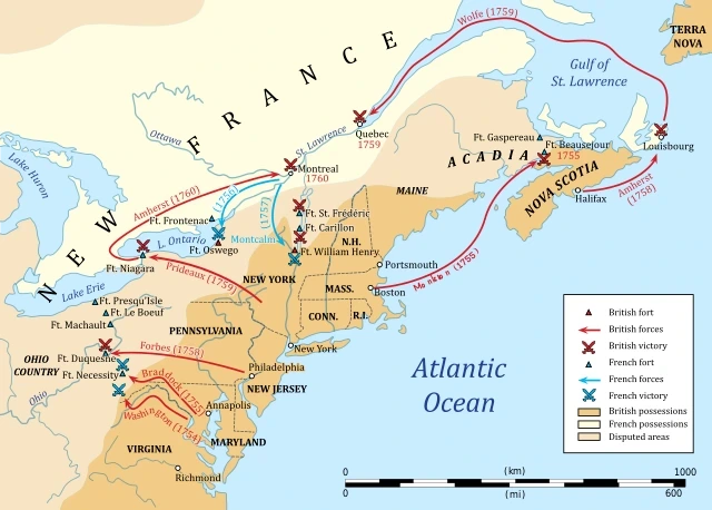 French and Indian War, Map of North America in the 18th century featuring the British and French colonies, StudySmarter