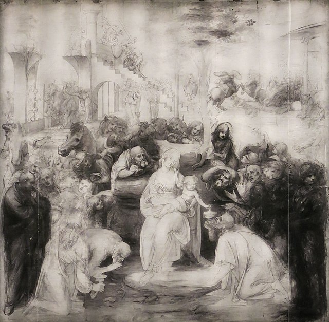 Reflectograma infrarrojo de la Adoración. Leonardo Da Vinci. EstudioSmarter. de los Reyes Magos.