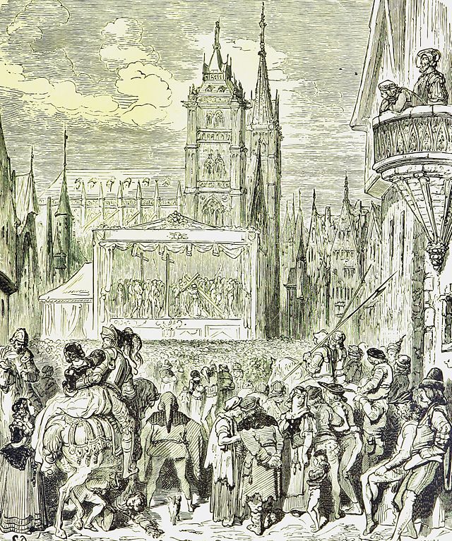 Foire médiévale. Gravure d'une foire au Moyen Âge. StudySmarter