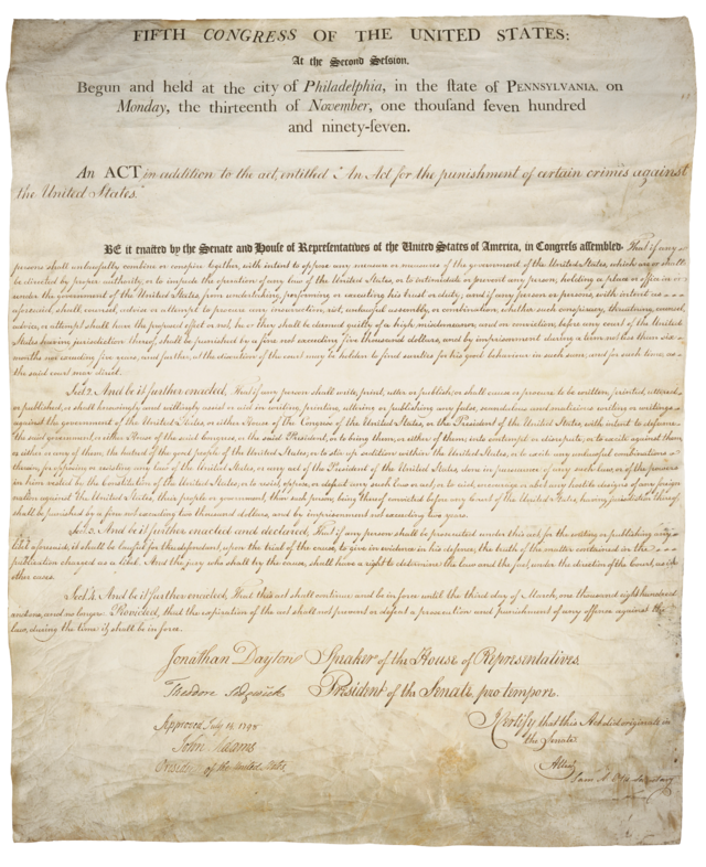 Alien and seduction Act, image of the Alien and Sedition Acts from the U.S. Archives, StudySmarter