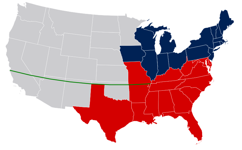 Compromis de 1850, carte des États-Unis, divisés en États esclaves, États libres et ligne du Compromis du Missouri, StudySmarter