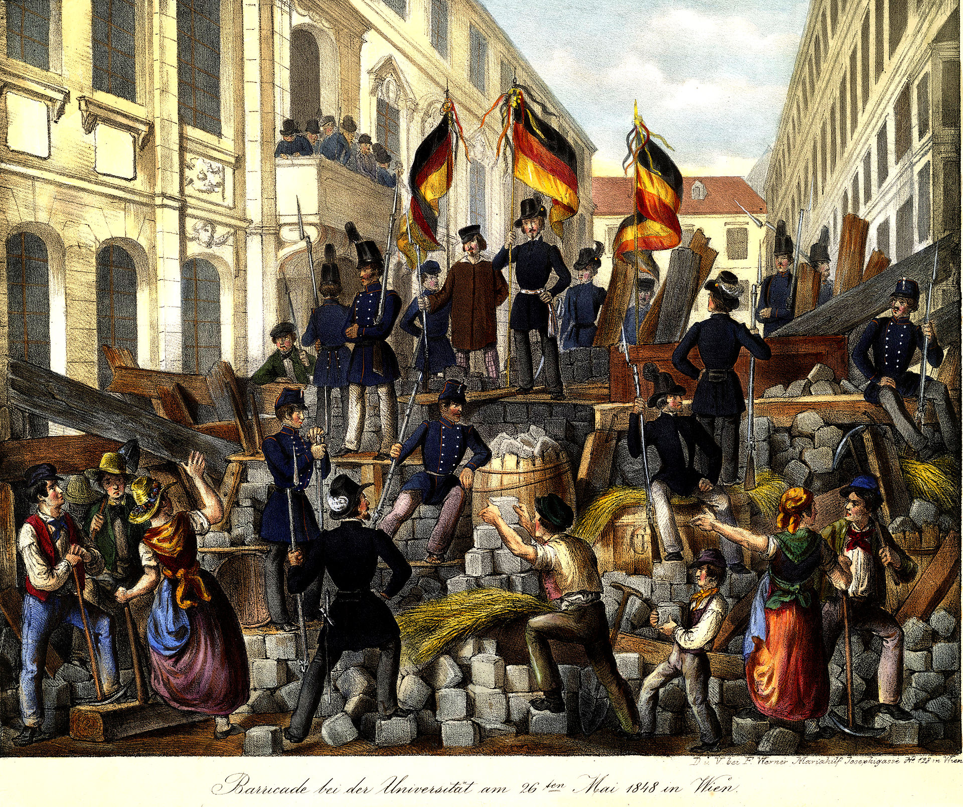 Concierto de Europa y el príncipe Klemens von Metternich, La barricada en la Universidad el 26 de mayo de 1848 en Viena, por F. Werner, 1848. Fuente: Wikipedia Commons (dominio público), StudySmarter.