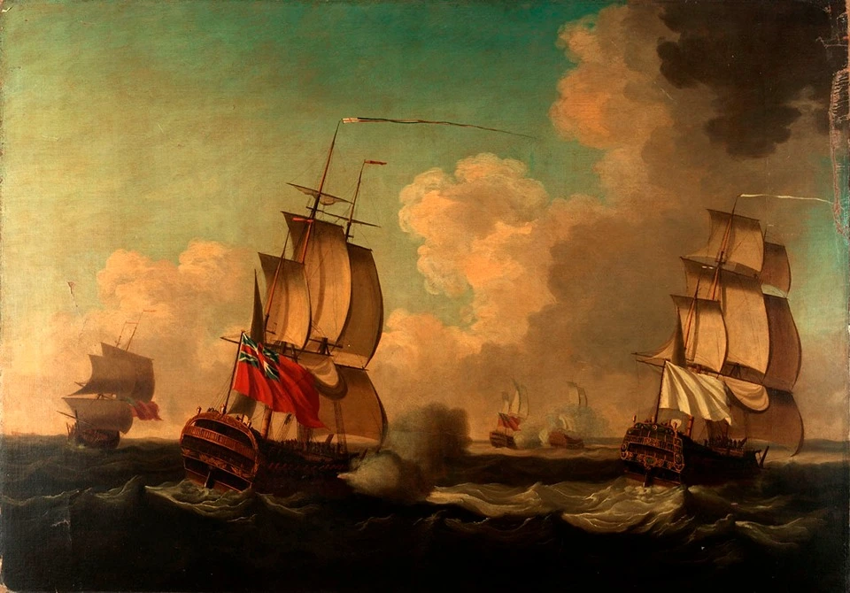French and Indian War, The Capture of the 'Alcide' and 'Lys’, 1755, depicts the British capture of French ships in Acadia. Source: Royal Museums Greenwich, StudySmarter.