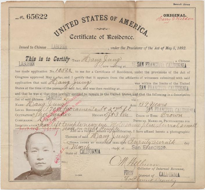 Chinese immigration, Chinese Certificate of Residence in California, 91Ó°ÊÓ