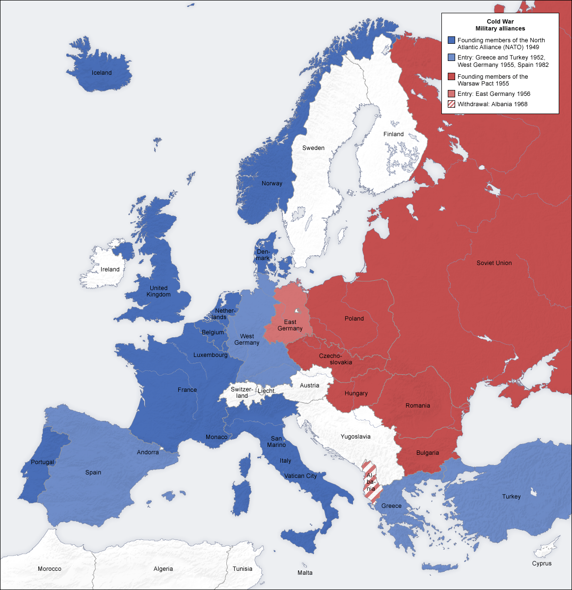 Cold War in Europe Map of Europe showing the division into Cold War economic and military alliances StudySmarter