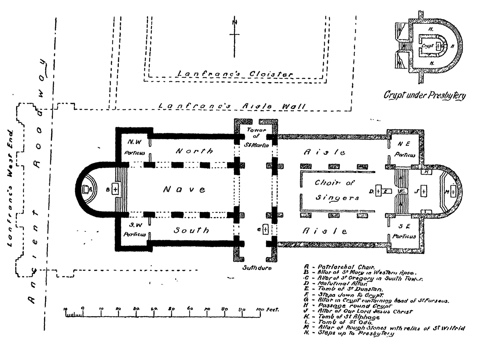 Catedrales góticas, Fig. 1 - Plano de la catedral de San Austin, Canterbury, Kent, Inglaterra, 1929. El plano muestra las partes principales de una iglesia medieval (nave, naves laterales, ábside, crucero), Study Smarter.