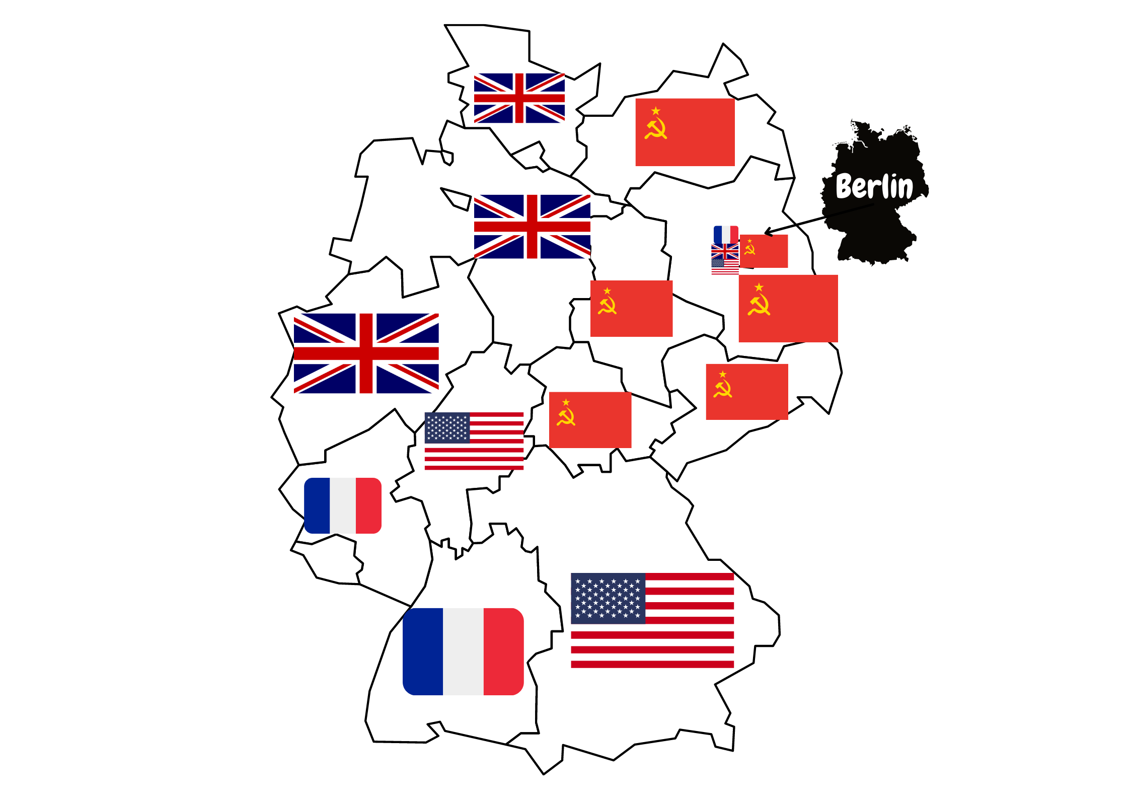 Cold war Map showing the division of Germany between the four powers StudySmarter