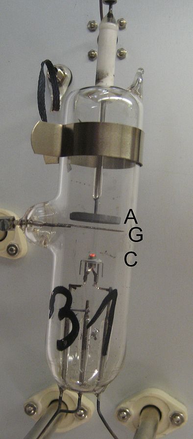 Expérience de Franck-Hertz : Photographie d'un tube à vide utilisé dans les laboratoires d'enseignement pour l'expérience de Franck-Hertz StudySmarter