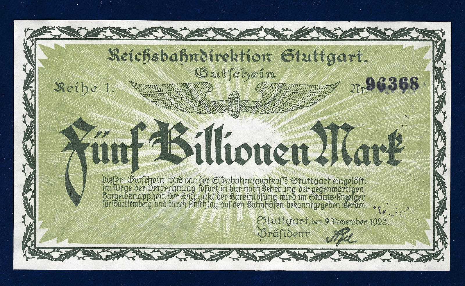 Causas de la Segunda Guerra Mundial, billete de 5.000 millones de marcos de los Ferrocarriles Alemanes durante el periodo de hiperinflación en 1923. Fuente: Wikipedia Commons (dominio público), StudySmarter.