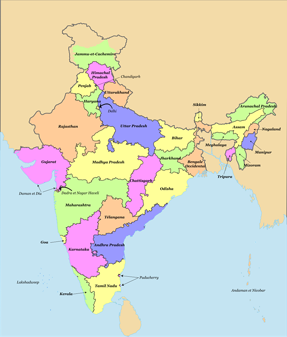 Inde Carte des États et territoires de l'Inde StudySmarter