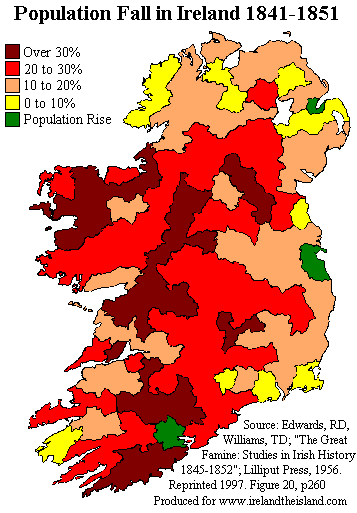 Inmigración irlandesa Mapa de la caída de la población en Irlanda StudySmarter