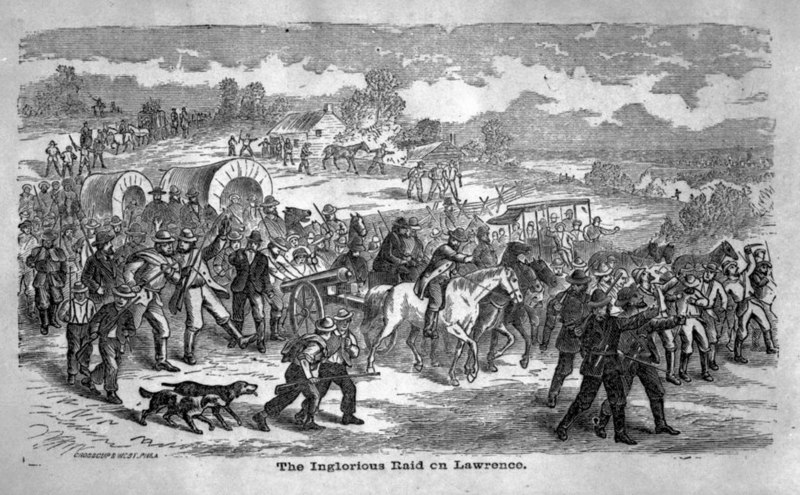 Bleeding Kansas - drawing of The Sack of Lawrence, 1856 - StudySmarter - Wikimedia Commons Public Domain