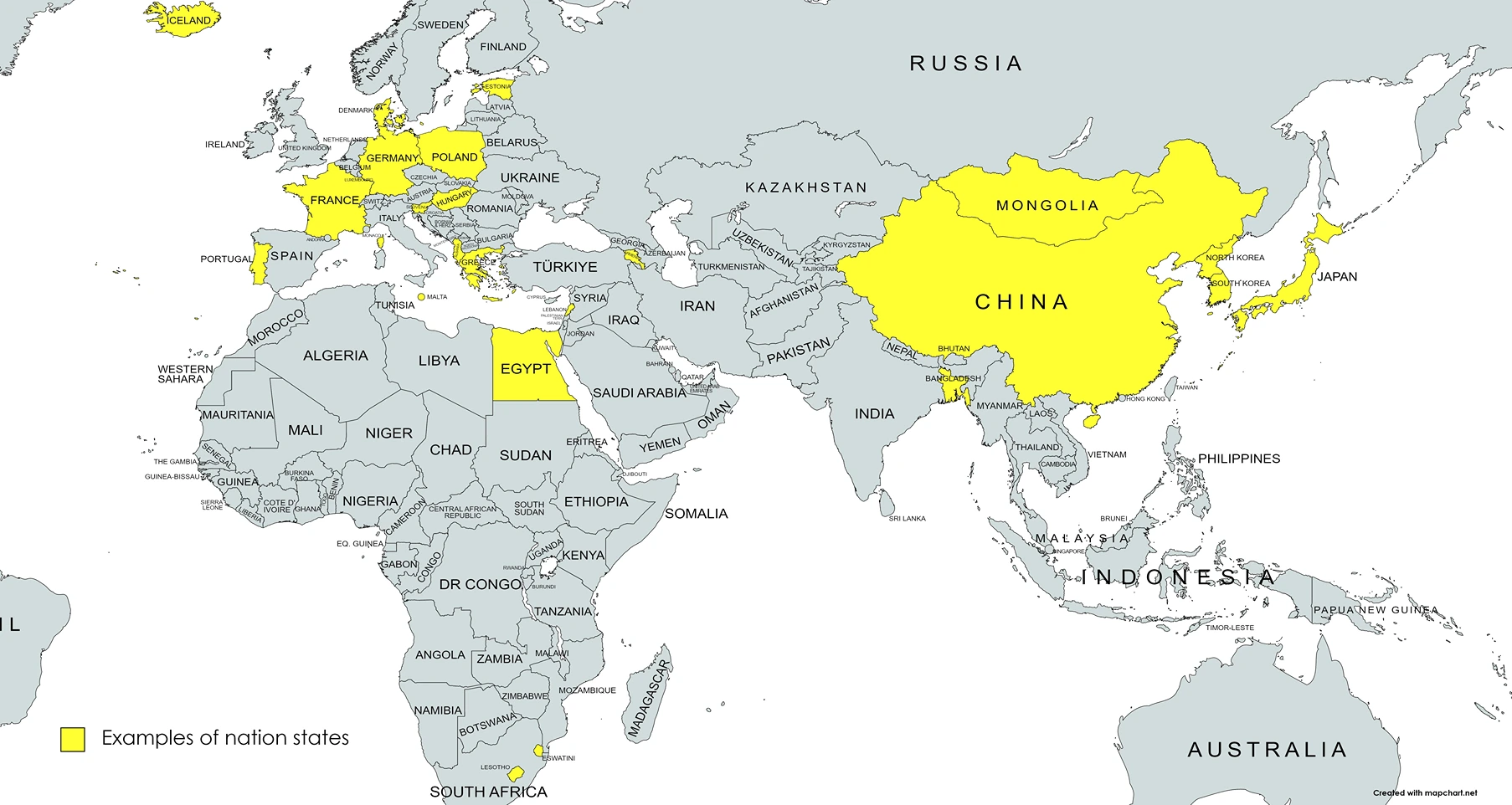 Nation State Geography Map showing examples of nation-states StudySmarter