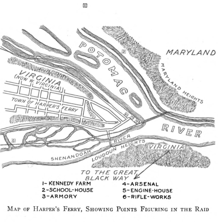 Incursión de John Brown, mapa dibujado en blanco y negro de Harpers Ferry, 1859, StudySmarter