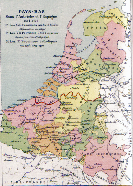 Eighty Years War Map of the Habsburg Netherlands. The red line shows the border between North and Southern Netherlands StudySmarter