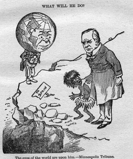 Política del Buen Vecino, Fig. 3 - Una caricatura política que muestra el destino de Filipinas -representada de forma racialmente insensible como un niño aterrorizado- en la Guerra Hispano-Estadounidense (1898), StudySmarter.