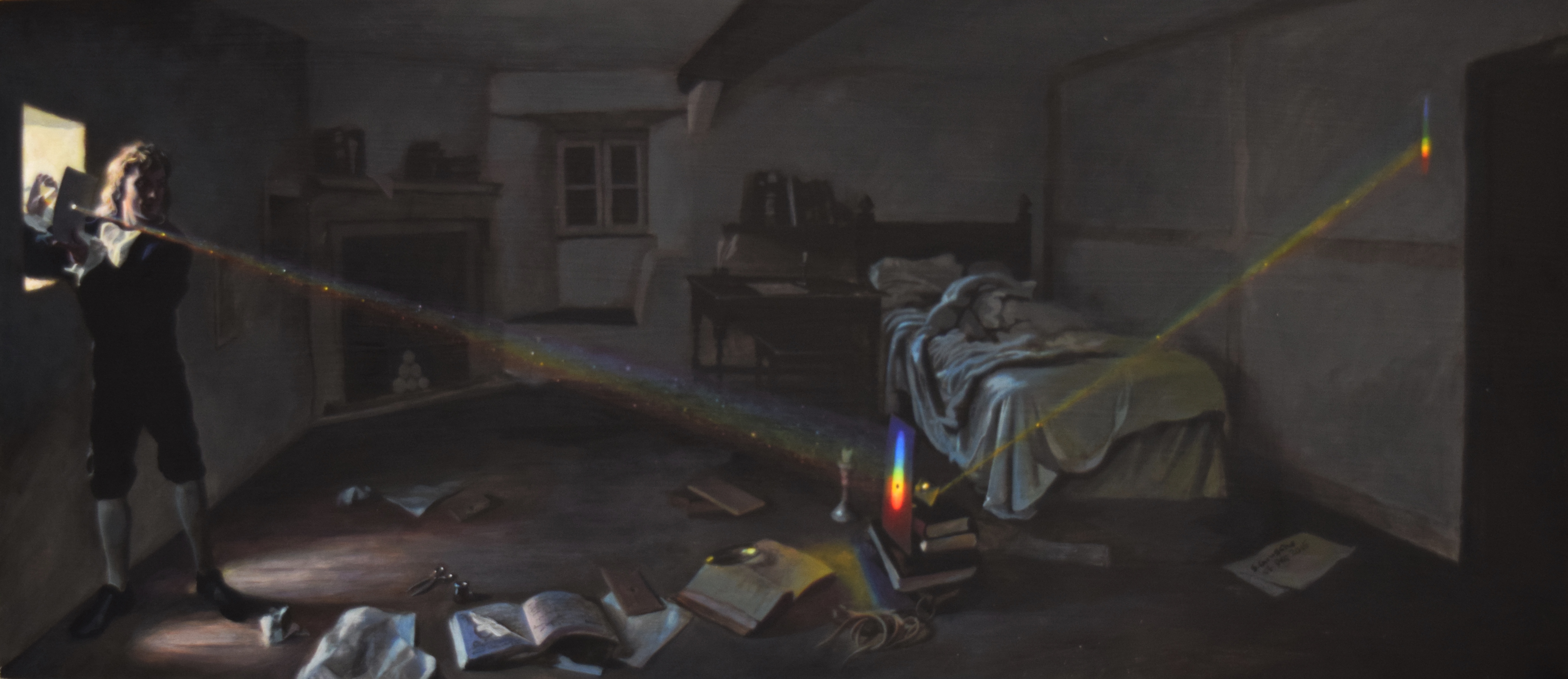 Dispersion L'expérience du prisme d'Isaac Newton, où il dirige un faisceau de lumière solaire à travers une fente étroite sur un prisme pour observer l'arc-en-ciel StudySmarter.
