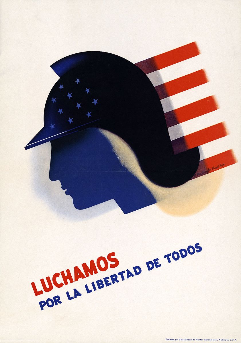 Good Neighbor Policy, Fig. 4 - "We fight for the freedom of all,” WWII poster by Edward McKnight Kauffer promoting solidarity in the Americas, StudySmarter.