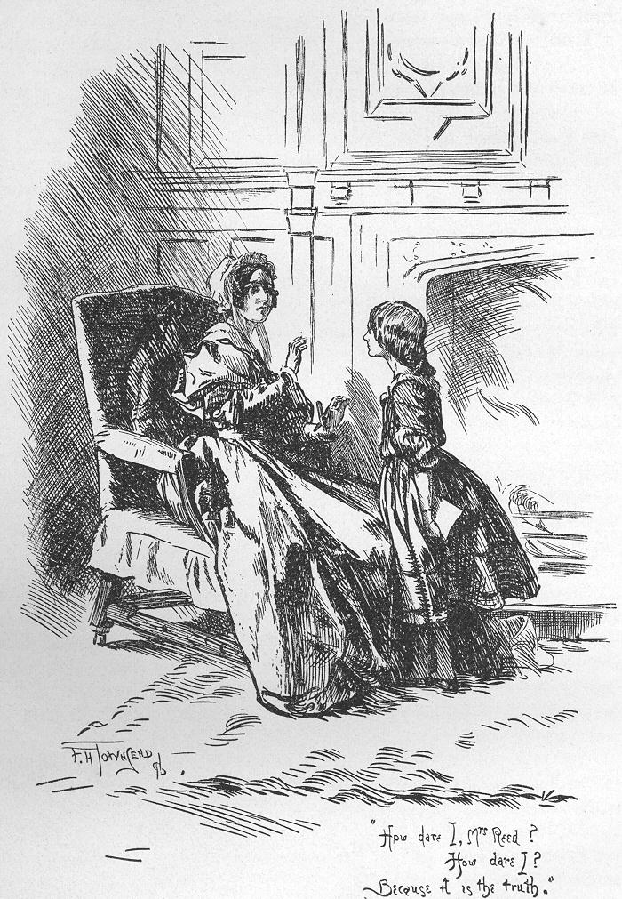 Jane Eyre, una ilustración de Jane Eyre de rodillas frente a la Sra. Reed en una silla, StudySmarter
