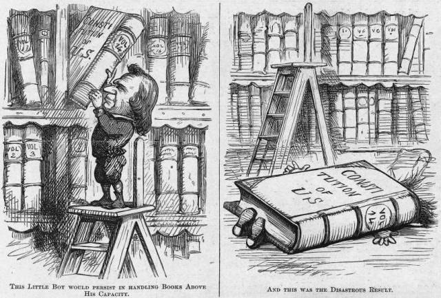 A black and white political cartoon about President Andrew Johnson StudySmarter
