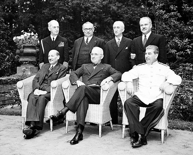 European History, black and white photo of Harry Truman, Joseph Stalin, and Clement Atlee at the Potsdam Conference, StudySmarter
