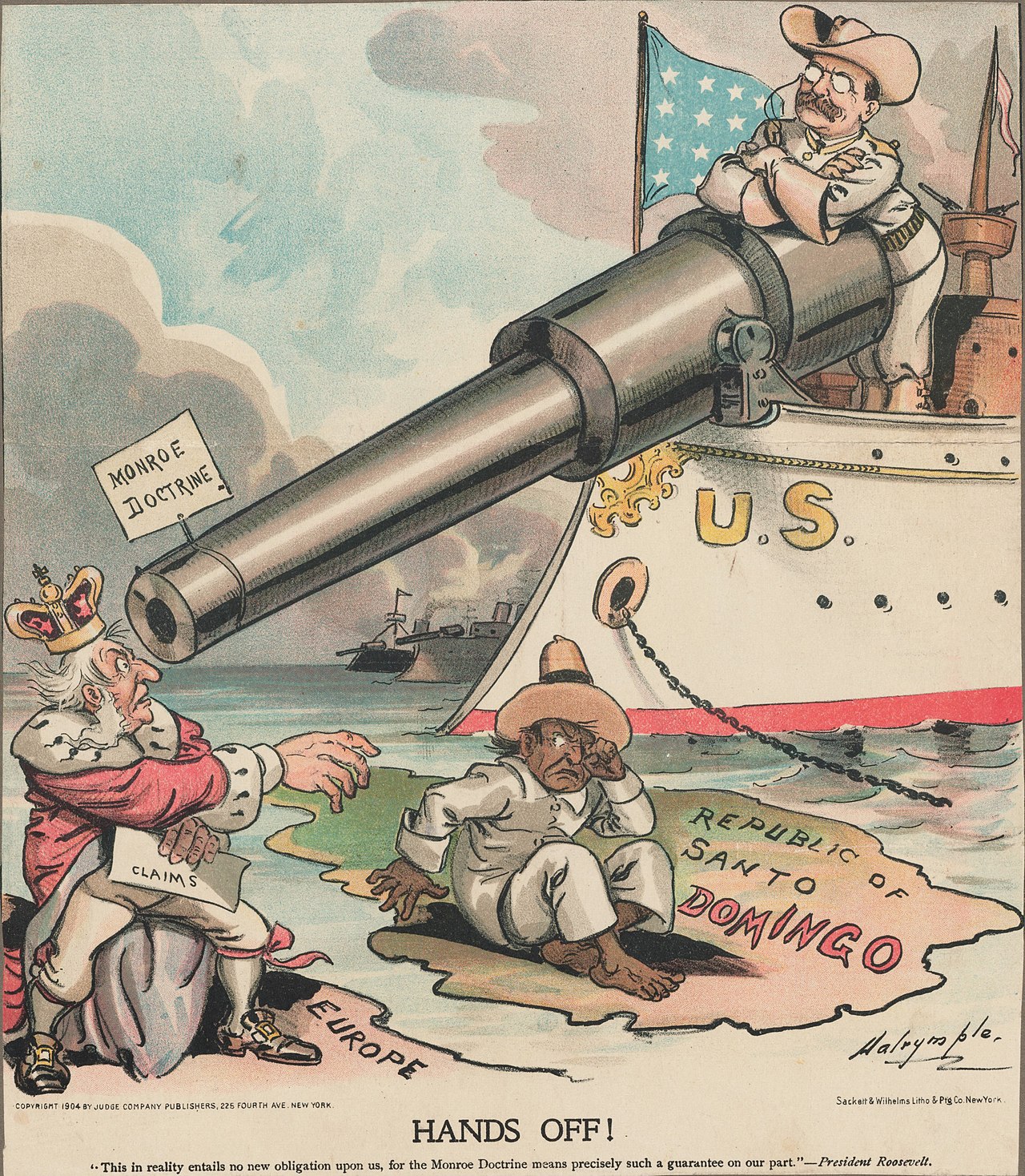 Monroe Doctrine, Fig. 4 - "Hands Off! This in reality entails no new obligations upon us, for the Monroe Doctrine means precisely such a guarantee on our part." Political cartoon shows Theodore Roosevelt using the Monroe Doctrine to keep European powers out of the Dominican Republic, Louis Dalrymple, 1904, StudySmarter.