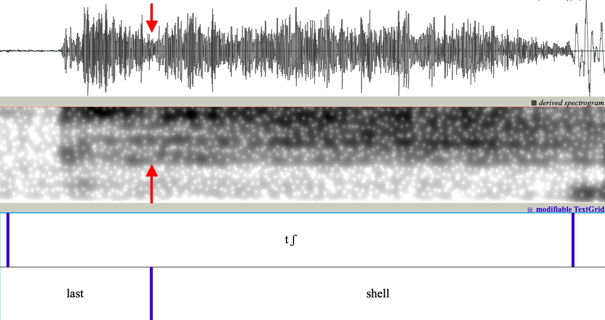 Affricates, stop alvéolaire sans voix et séquence de fricatives post-alvéolaires sur un spectrogramme, StudySmarter.