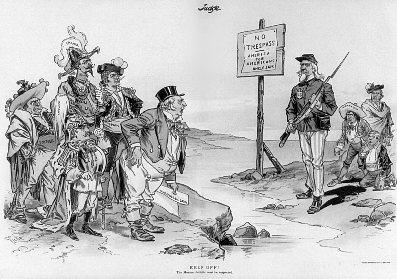 Doctrine de Monroe, Fig. 1 - L'oncle Sam se tient debout avec un fusil entre les personnages européens outrageusement habillés et les représentants du Nicaragua et du Venezuela portant des robes indigènes, Victor Gillam, 1896, StudySmarter.