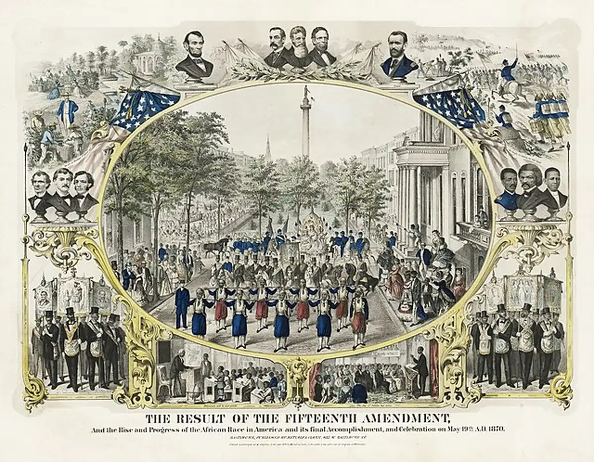 Élections de 1870, lithographie en couleur intitulée Le résultat du quinzième amendement, StudySmarter.