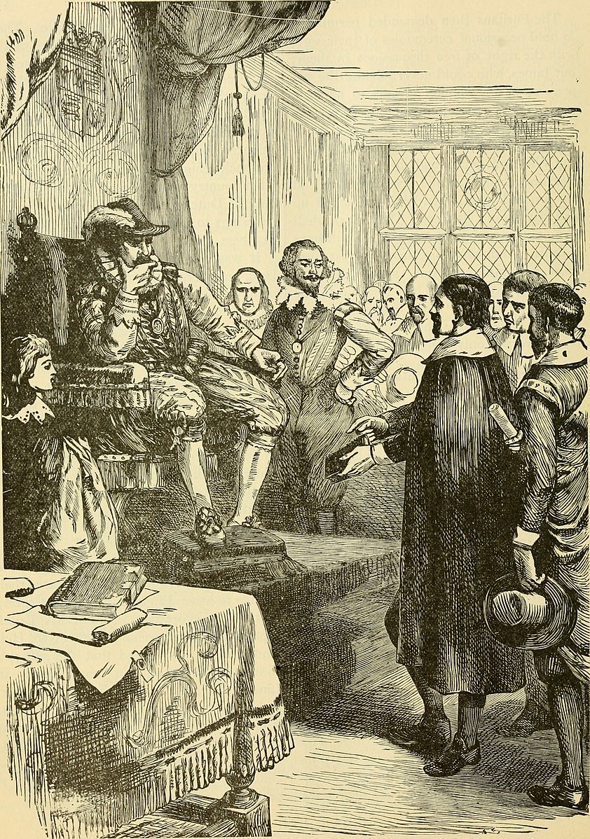 Los puritanos en conferencia con el rey Jaime I de Inglaterra, por Henry Davenport Northrop (1901). Fuente: Wikipedia Commons (dominio público).