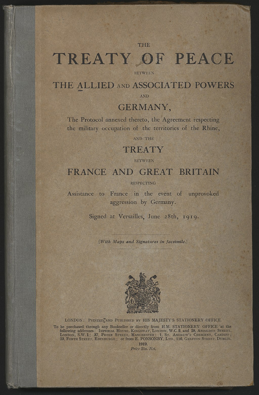 Causes de la Seconde Guerre mondiale, couverture du traité de Versailles, vers le 28 juin 1919. Source : Auckland War Memorial Museum, Wikipedia Commons (domaine public), StudySmarter.