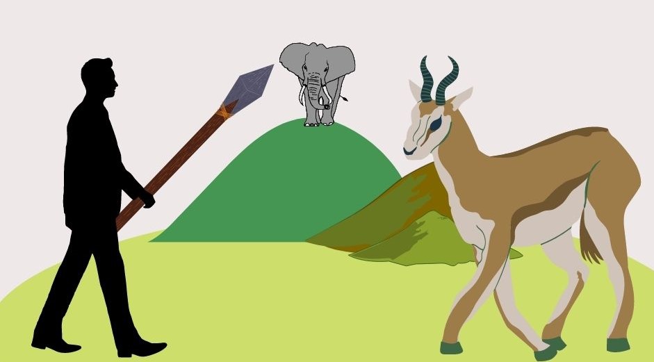 Théorie constructiviste de la perception de Gregory,Illustration de l'exemple Le stimulus de Hudson, les indices de profondeur nous indiquent que l'éléphant n'est pas ce que l'homme vise StudySmarter