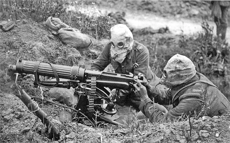 Militarism, British Vickers machine gun crew with anti-gas helmets, near Ovillers, the Battle of the Somme, by John Warwick Brooke, July 1916. Source: Wikipedia Commons: (public domain), StudySmarter.