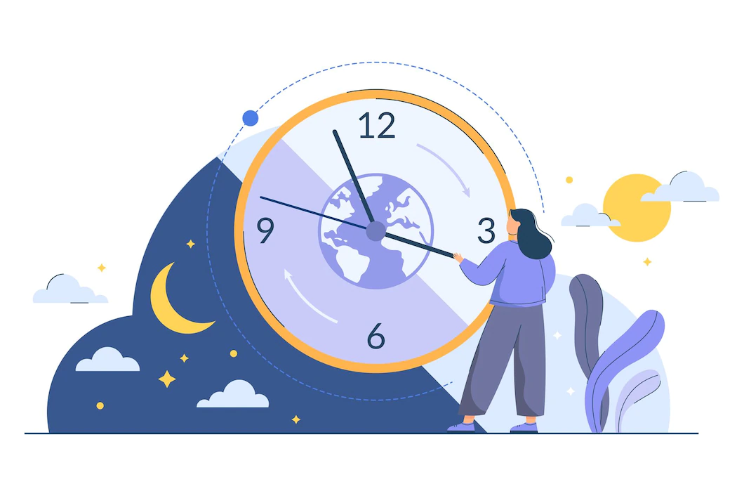 Hormonas, una mujer ajustando un reloj que representa el ritmo circadiano diurno y nocturno, StudySmarter