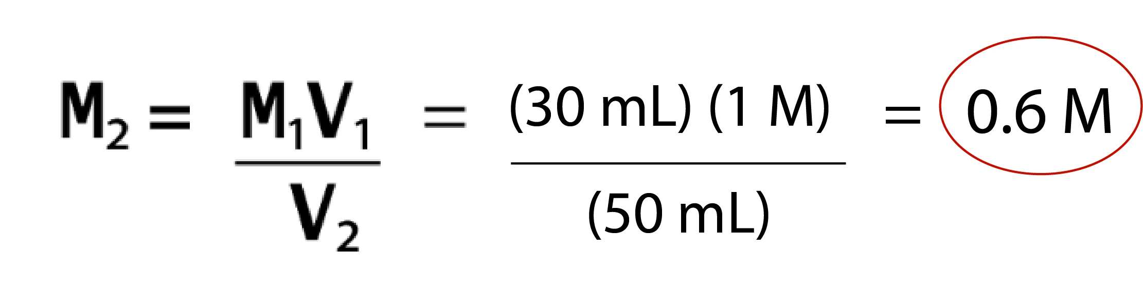 M2 = M1 V1/V2 = 30 ml x 1 M/50 ml = 0,6M, Dilution StudySmarter Study Smarter
