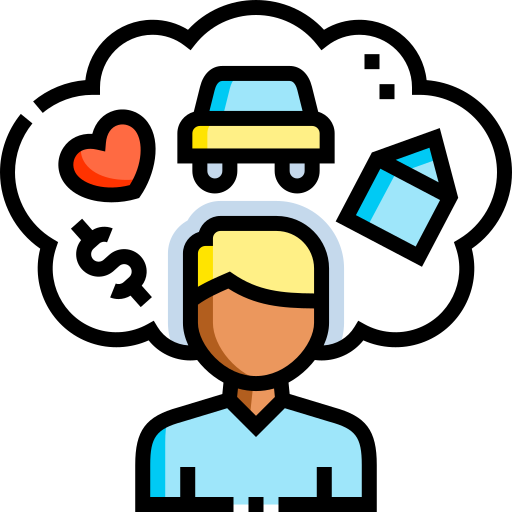 Chances de vie, personne avec une bulle de pensée au-dessus de sa tête avec des icônes d'argent, de cœur, de voiture et de maison, StudySmarter