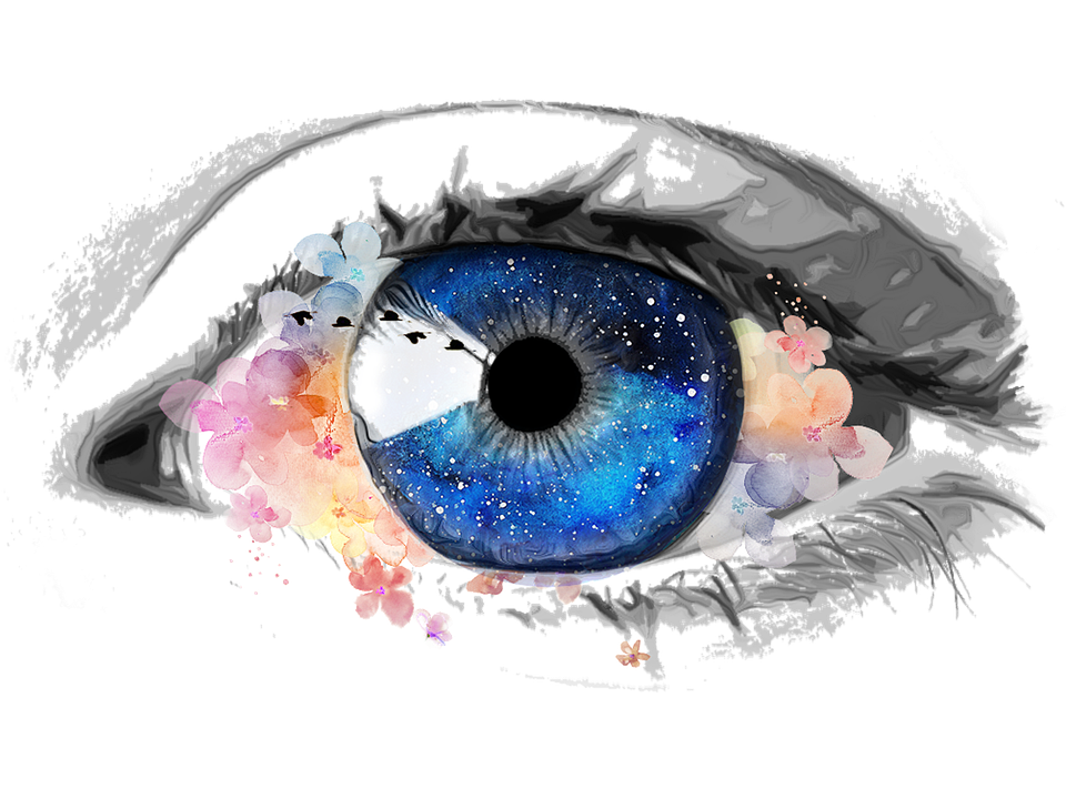 Eye contact, illustration of a blue eye with flowers, StudySmarter